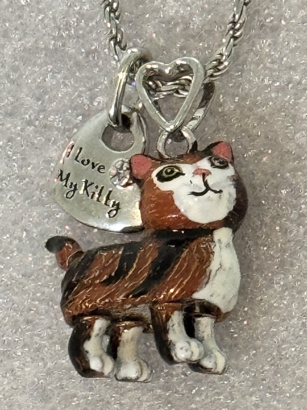 Vintage Calico Cat Enameled Moving Tail And Legs 925 Necklace 21”